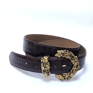 TALBOTS Brown Embossed Leather Belt w/Decorative Leaf Gold Buckle Italy SZ L